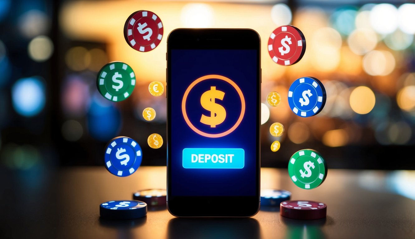 Sebuah smartphone yang bersinar dengan tombol deposit yang berdenyut dikelilingi oleh simbol-simbol lotere