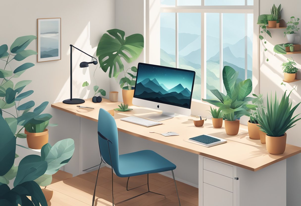 A serene, clutter-free digital workspace with clean lines and minimalistic icons, surrounded by calming nature elements such as plants and natural light