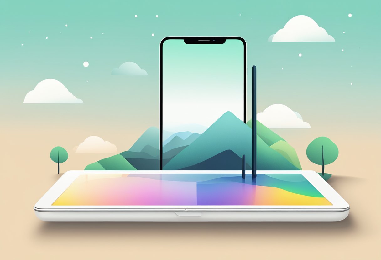 A serene digital landscape with a single, uncluttered device displaying only essential, minimalist apps