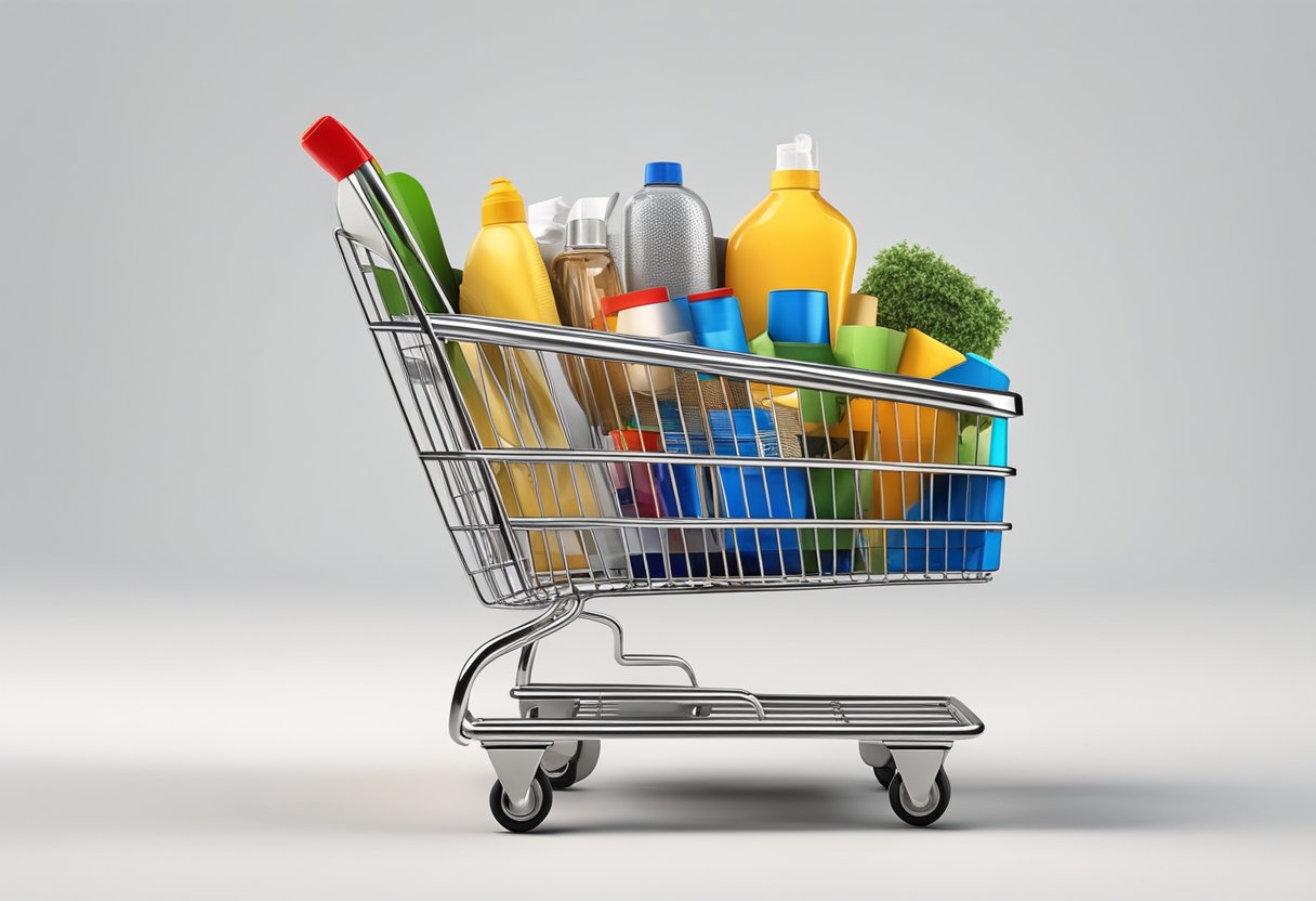 A lone shopping cart holds a few essential items on a clean, white background minimalist grocery shopping