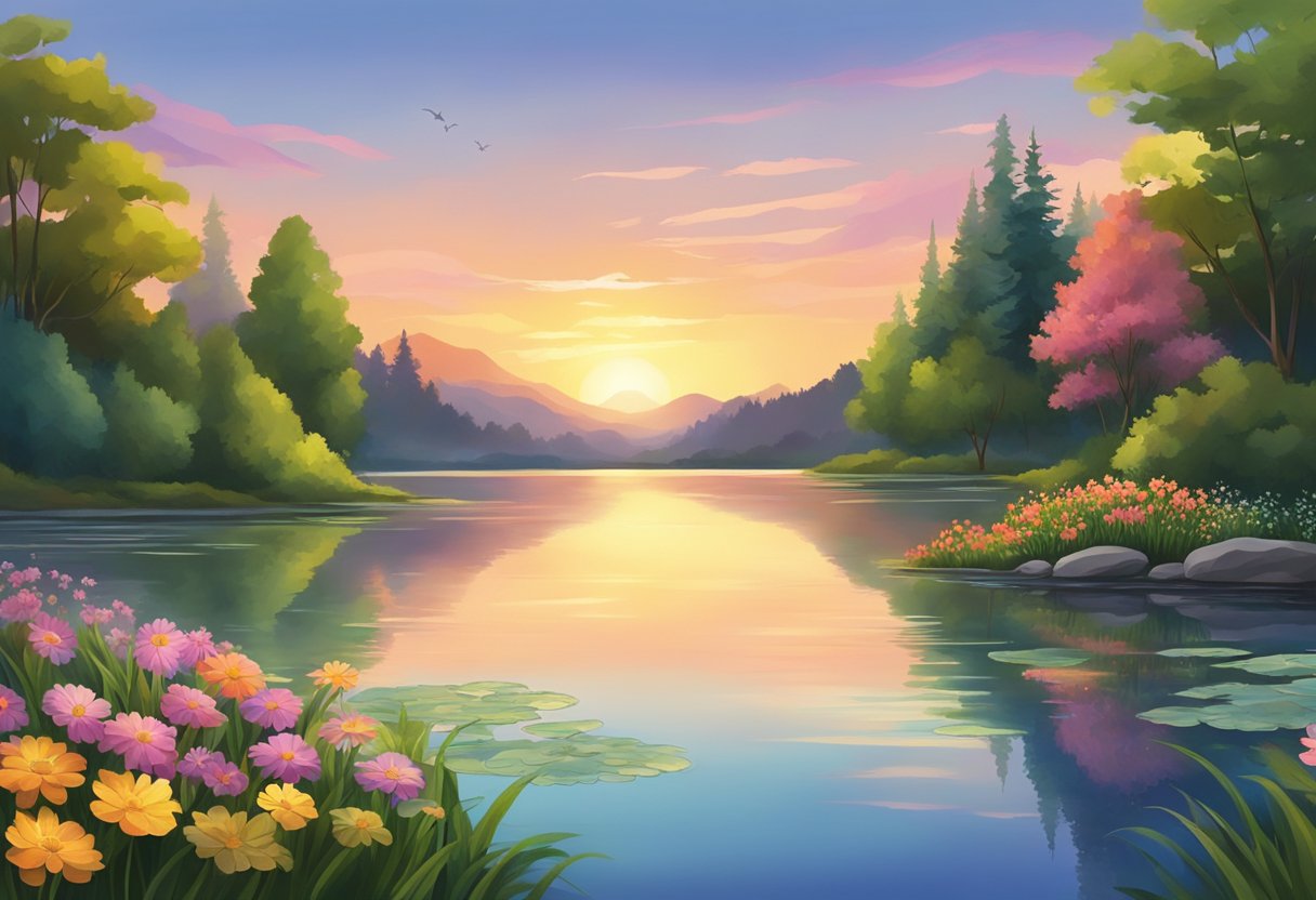 A peaceful sunset over a tranquil lake, surrounded by lush greenery and colorful flowers. The water is still, reflecting the calmness of the surroundings