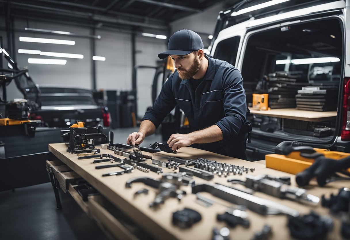 A mechanic working on a sprinter van, surrounded by tools and parts. A conversion specialist sketches out a layout plan for the interior