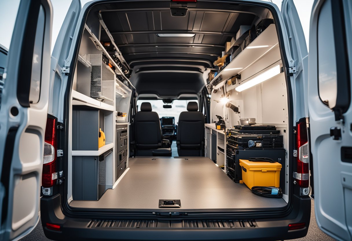 An open hood of a Sprinter van with exposed electrical components and a diagnostic tool connected to the engine