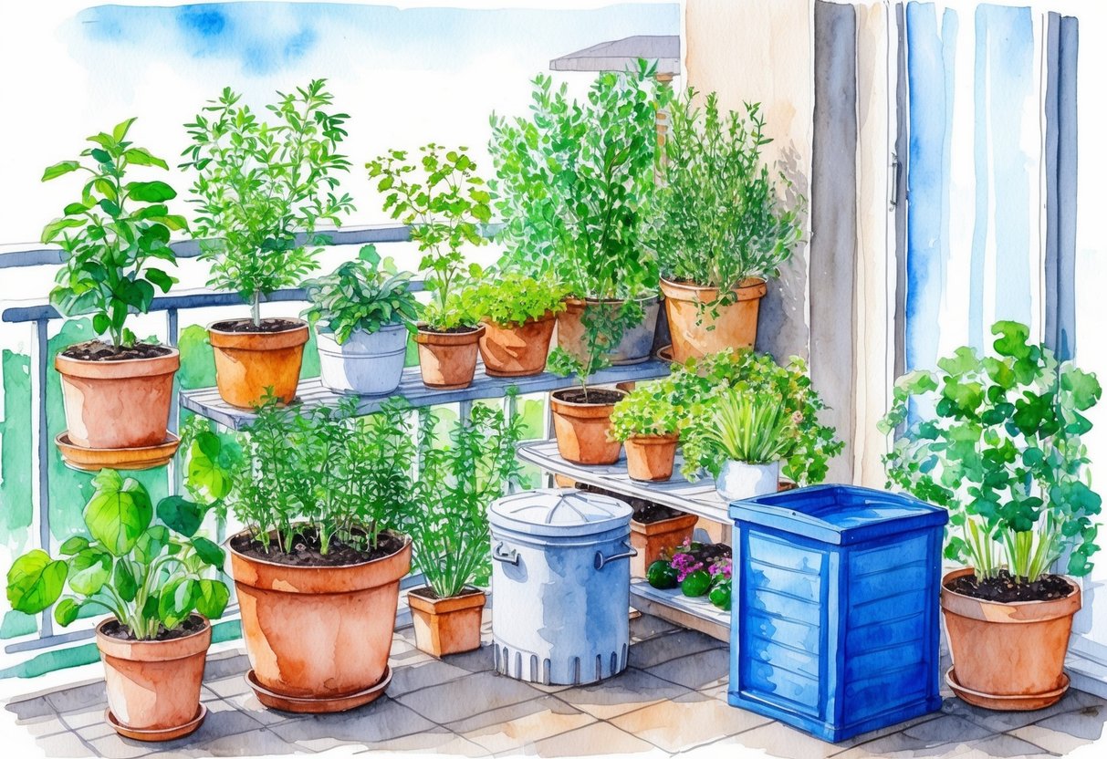 A balcony with potted plants, herbs, and vegetables thriving in recycled containers, surrounded by a small compost bin and rainwater collection system