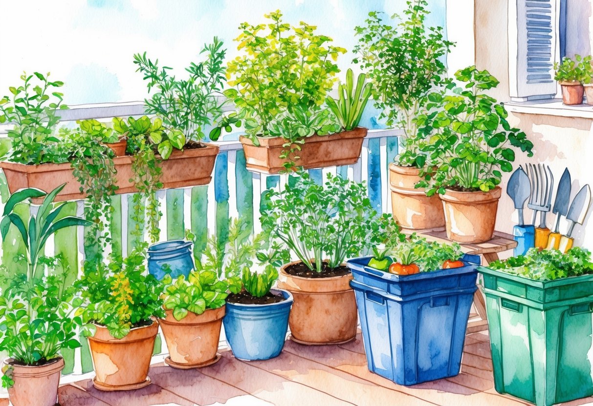 A lush balcony garden with potted plants, herbs, and vegetables thriving in the sunlight, surrounded by eco-friendly gardening tools and compost bins