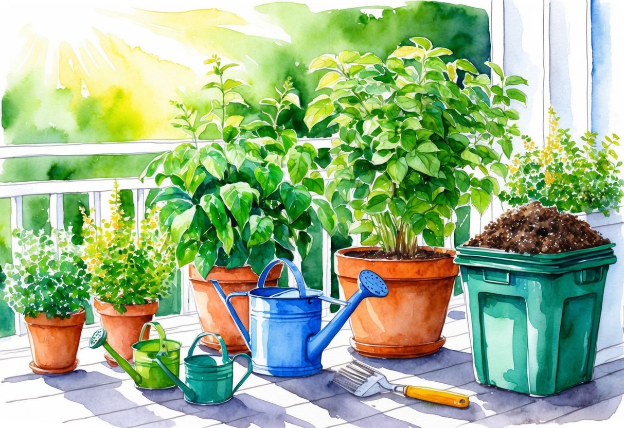 Lush potted plants on a balcony, with watering cans, gardening tools, and compost bin. Sunlight filters through the greenery