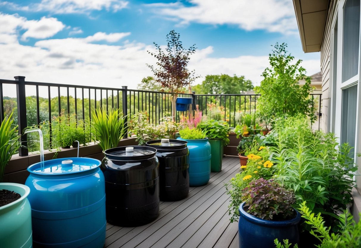 An eco-friendly balcony garden with rain barrels, drip irrigation, and native plants