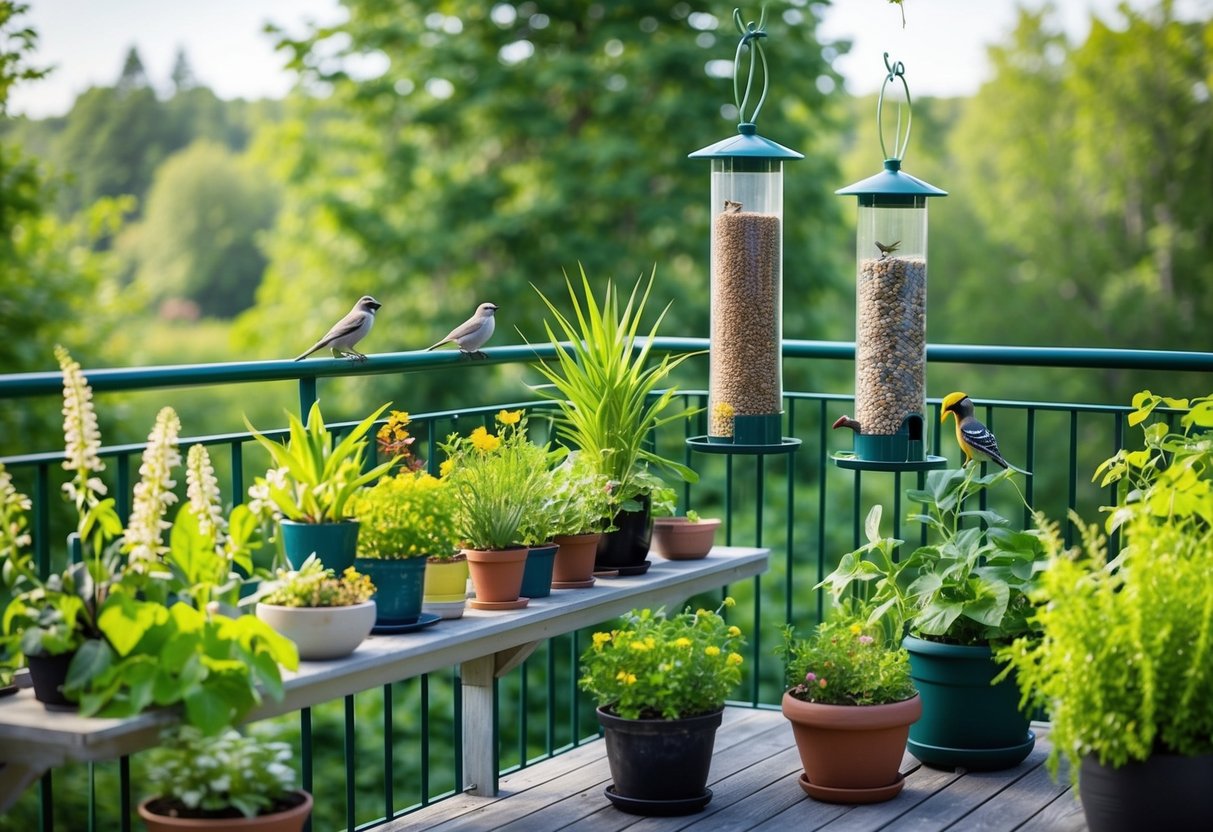 A balcony garden with a variety of native plants, bird feeders, and insect hotels, surrounded by lush greenery and buzzing with wildlife