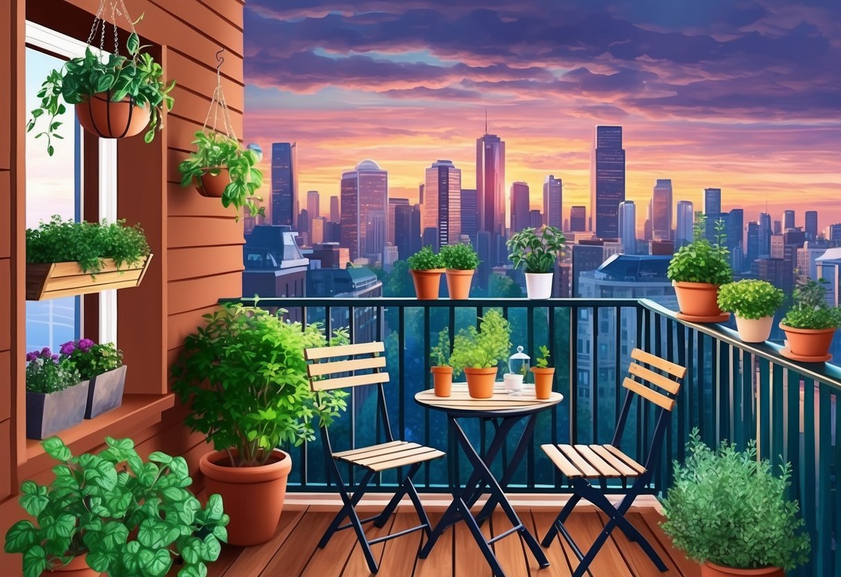 A cozy balcony garden with hanging plants, potted herbs, and a small bistro set overlooking a city skyline at sunset