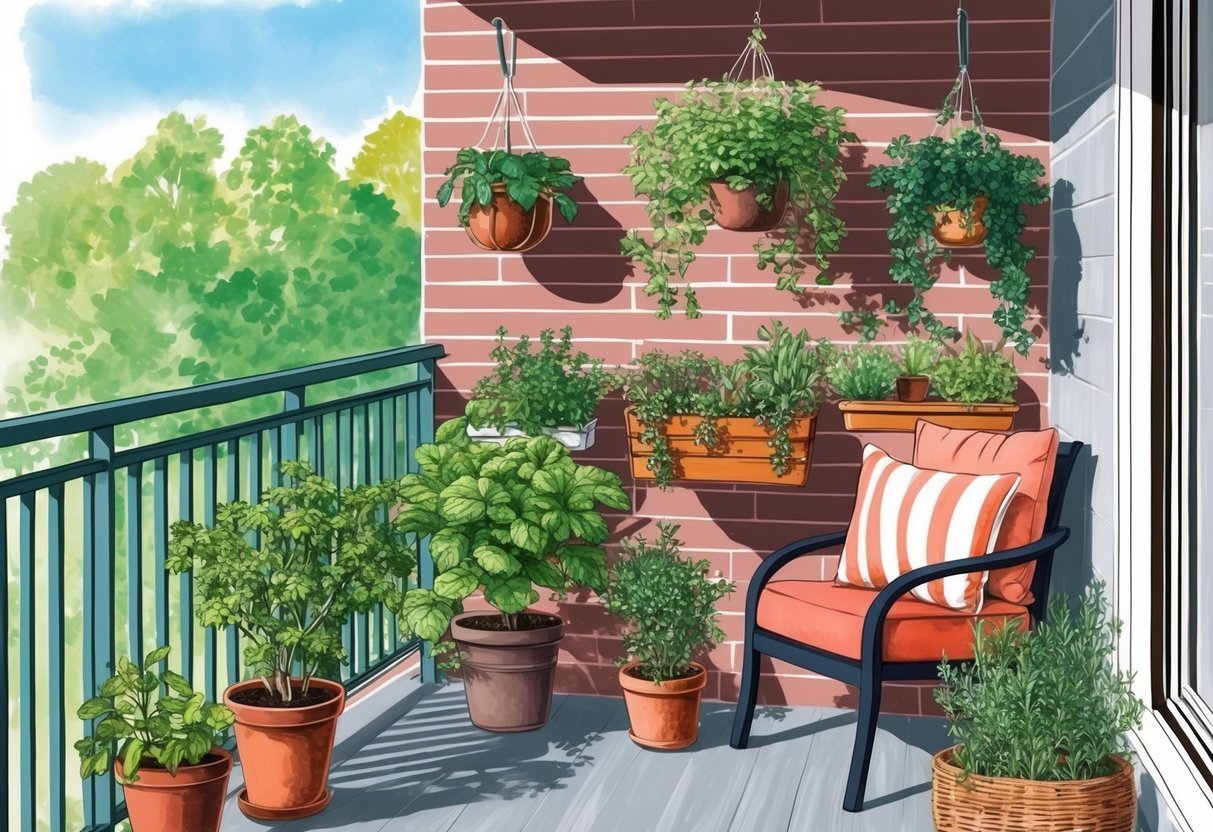 A balcony garden with hanging plants, potted herbs, and a small seating area