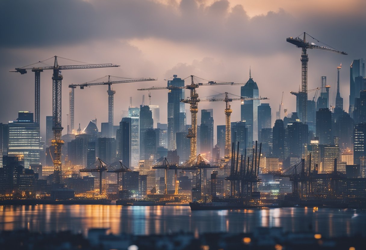 A city skyline with trade ships and construction cranes, surrounded by graphs and charts