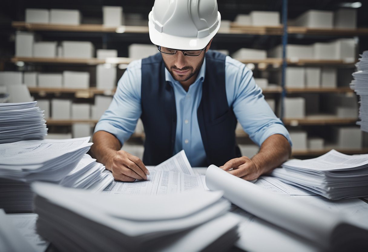 A real estate developer and a factory owner negotiating amidst stacks of trade documents and construction blueprints