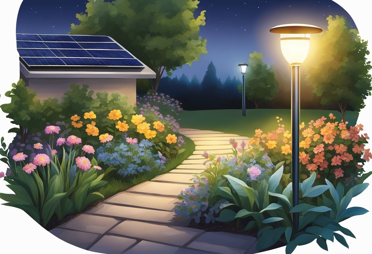 A solar garden light illuminates a flower bed at dusk, casting a warm glow on the surrounding plants and pathways