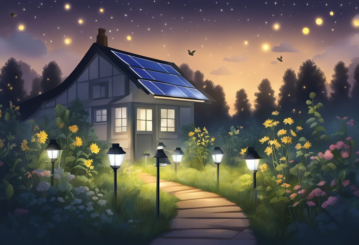 A group of solar lights illuminating a garden at night, surrounded by a cloud of insects attracted to the light