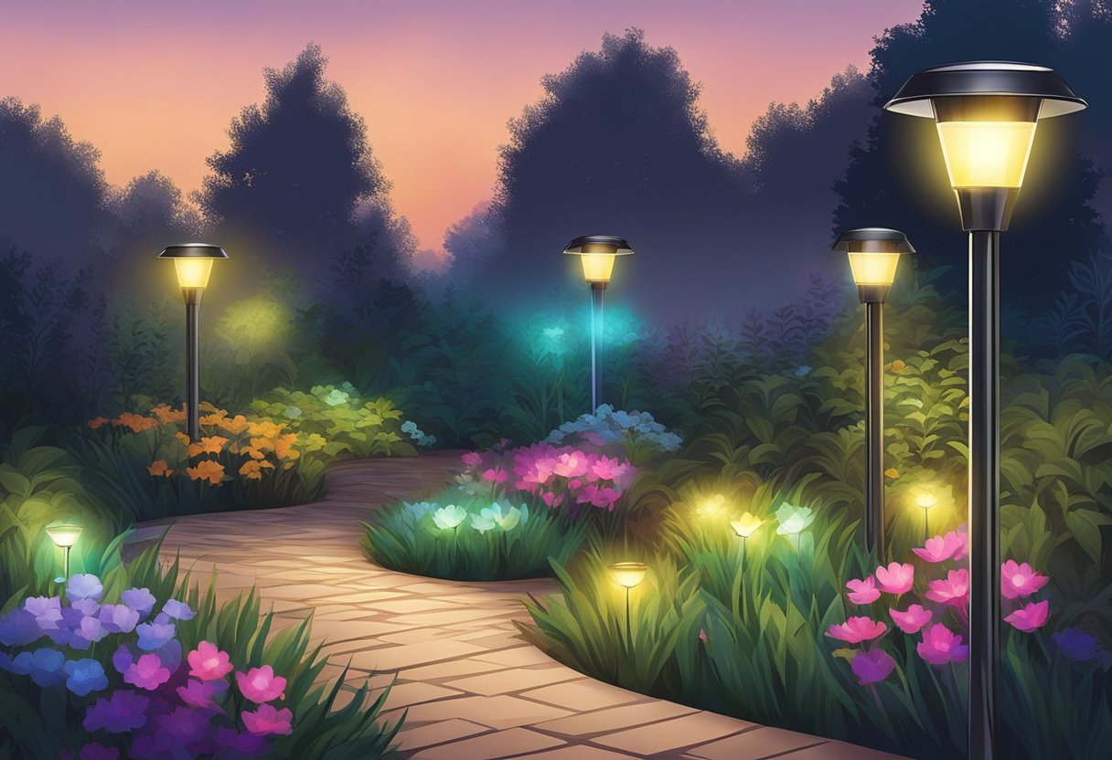 Color changing solar pathway lights illuminate a garden at night