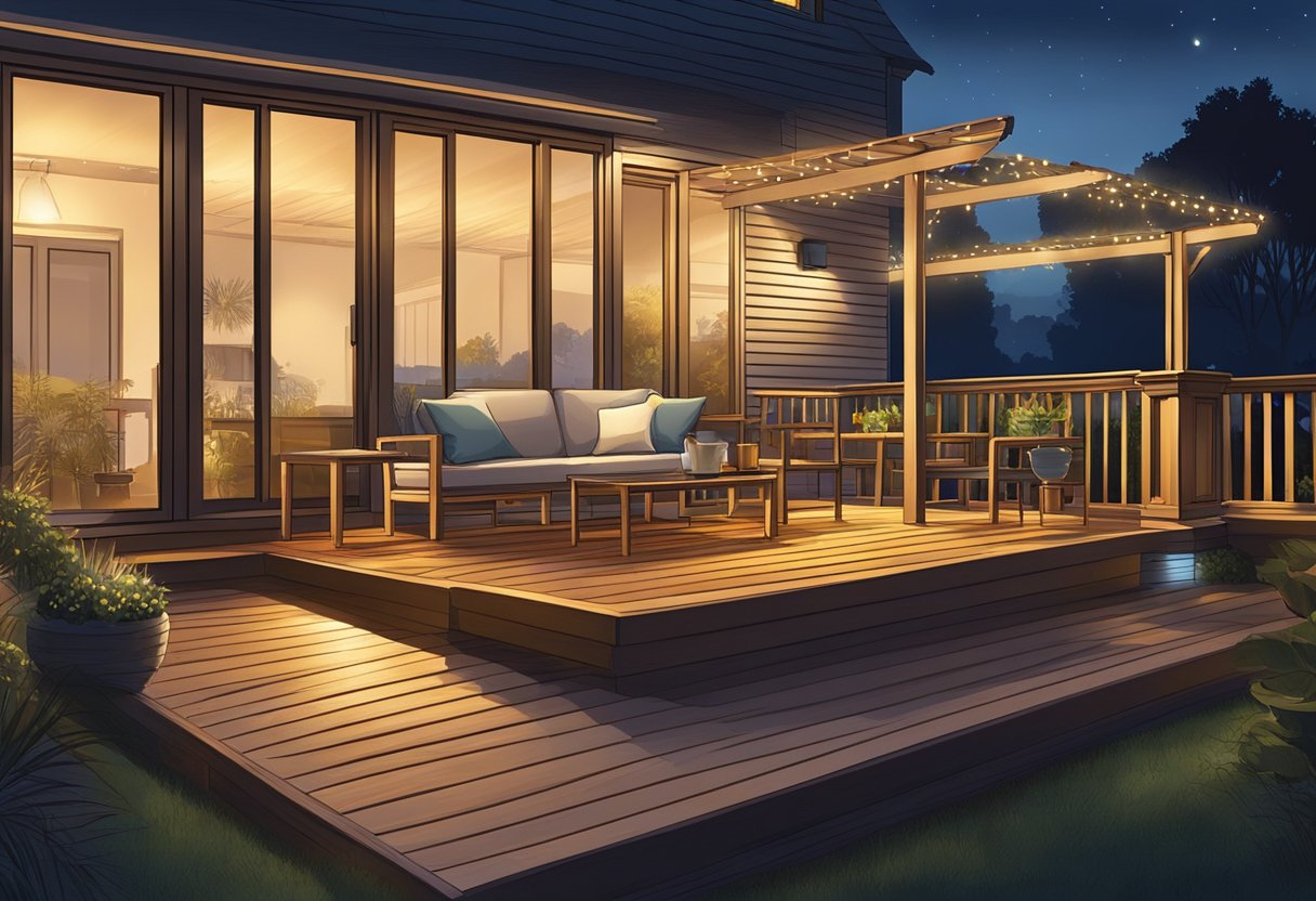 A deck at night, illuminated by solar outdoor lights, casting a warm glow on the surrounding area