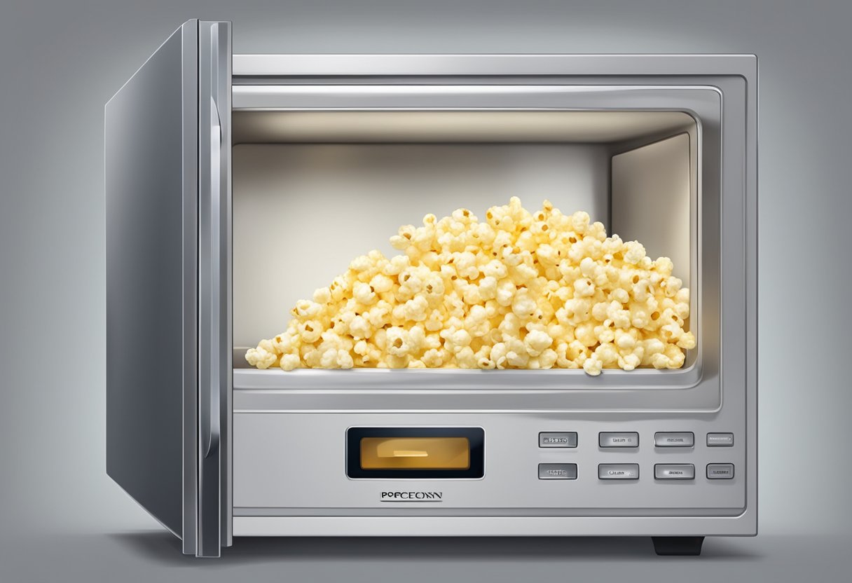 A microwave with a bag of popcorn inside, the door closed, and the timer set