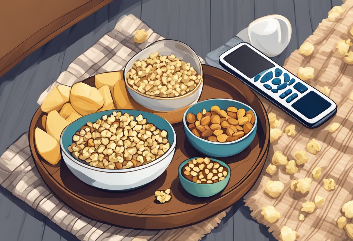 A bowl of mixed nuts, sliced fruits, and popcorn on a wooden tray next to a cozy blanket and a remote control on a coffee table