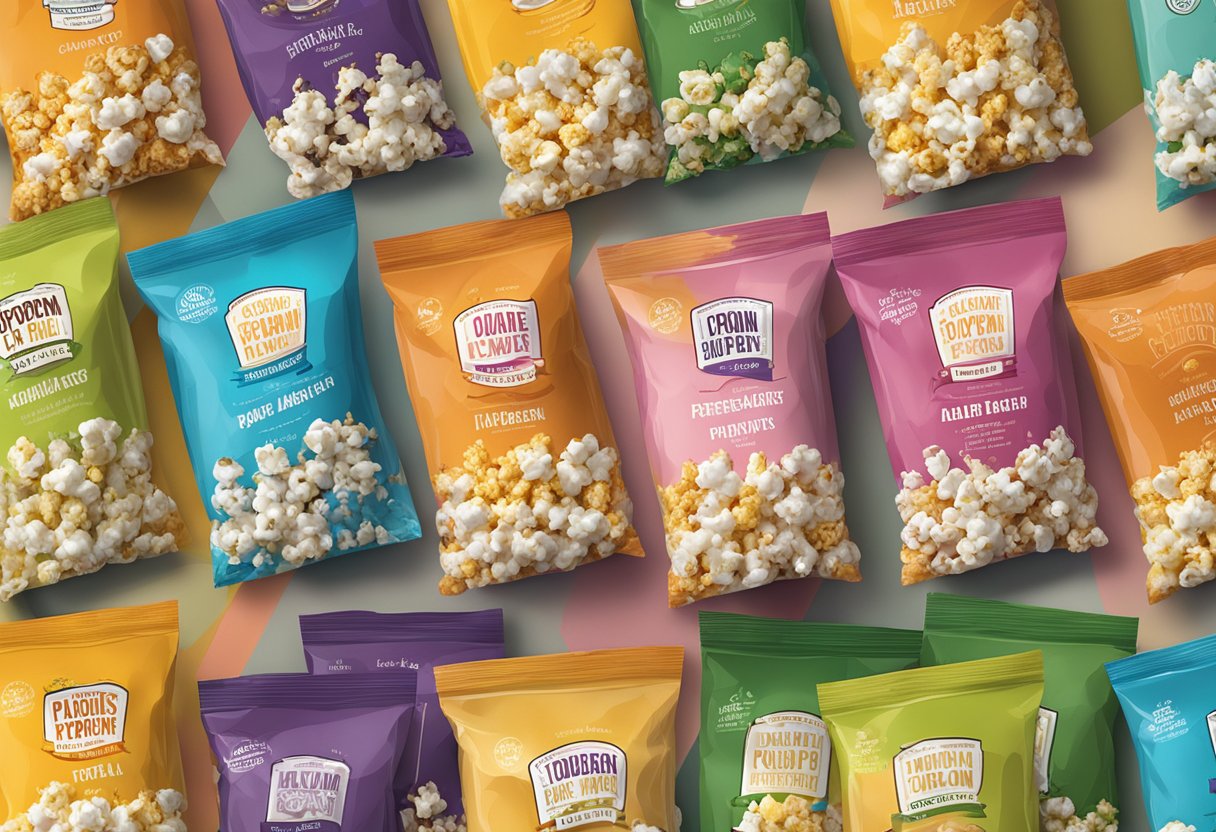 A variety of gourmet popcorn flavors arranged in colorful, decorative packaging