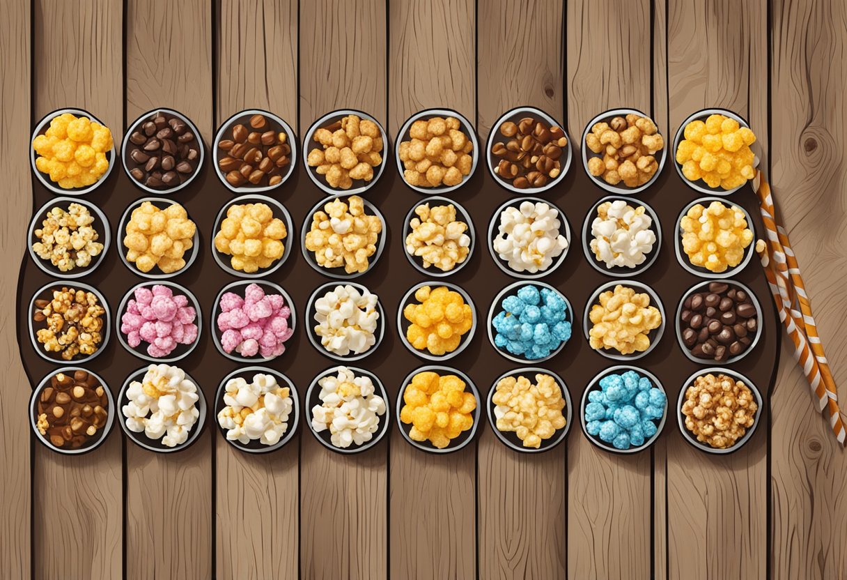 A colorful array of gourmet popcorn flavors arranged on a rustic wooden table with toppings like caramel, cheese, and chocolate drizzle