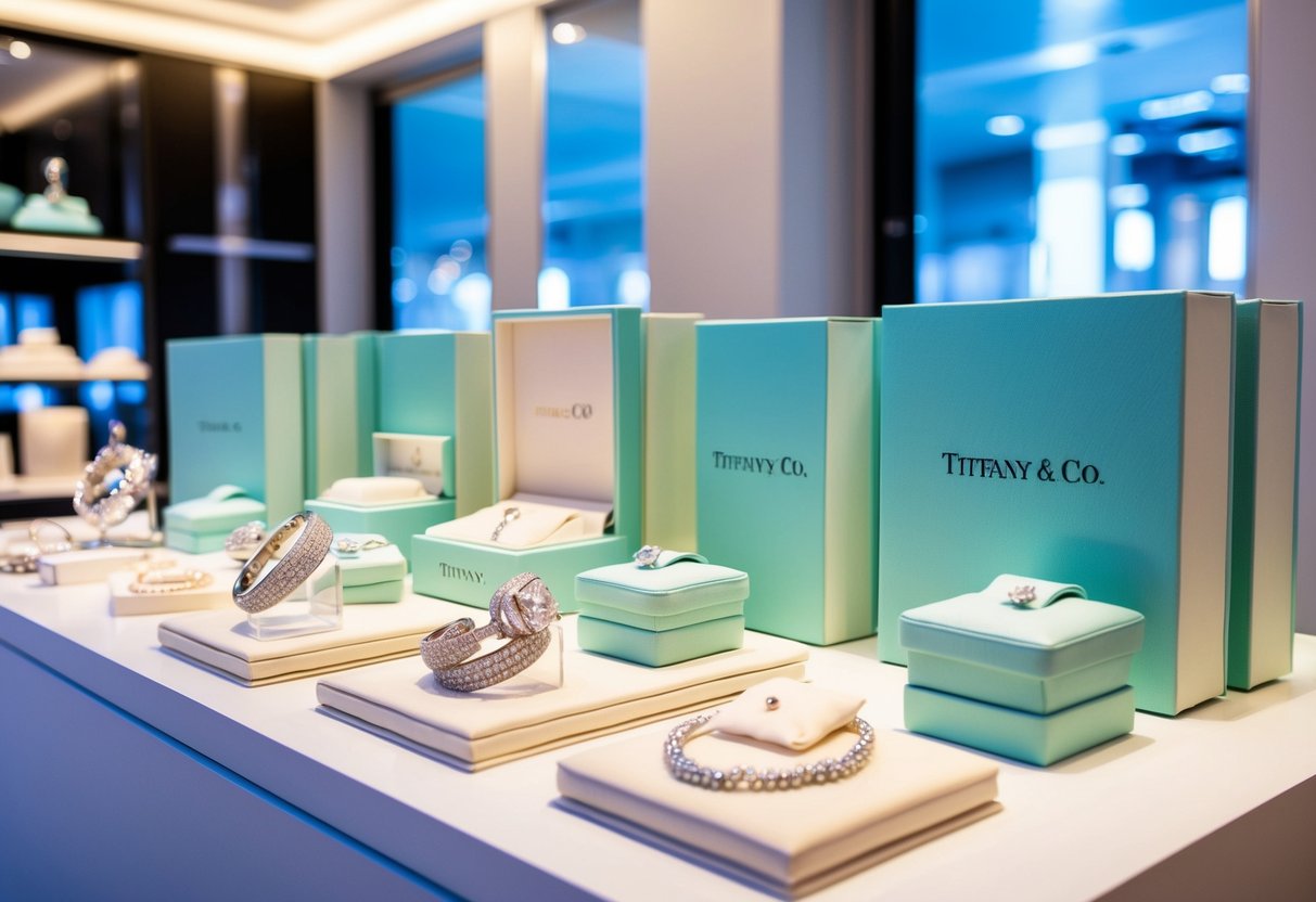 A sparkling display of Tiffany & Co. jewelry and accessories, highlighted by elegant lighting and luxurious packaging