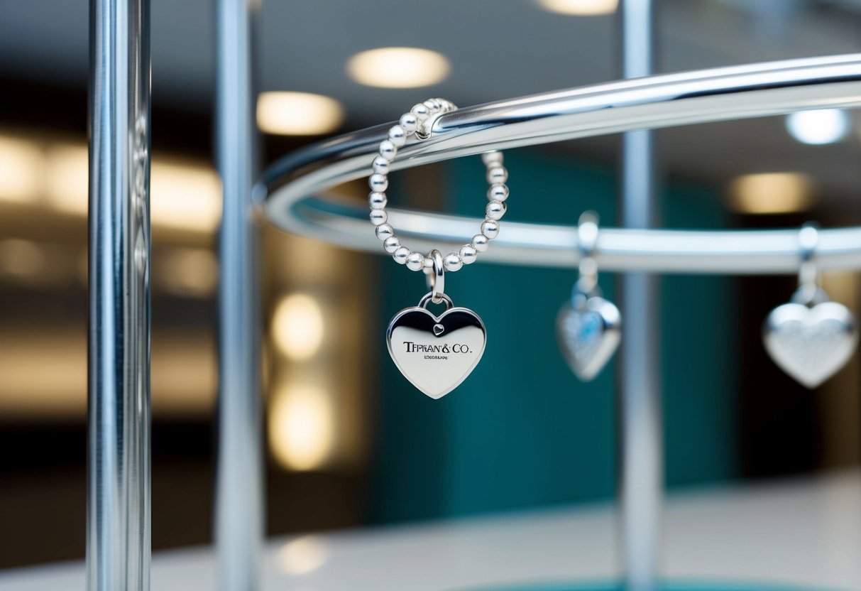 A delicate silver bracelet with a heart-shaped tag dangles from a display stand, catching the light in a Tiffany & Co. store