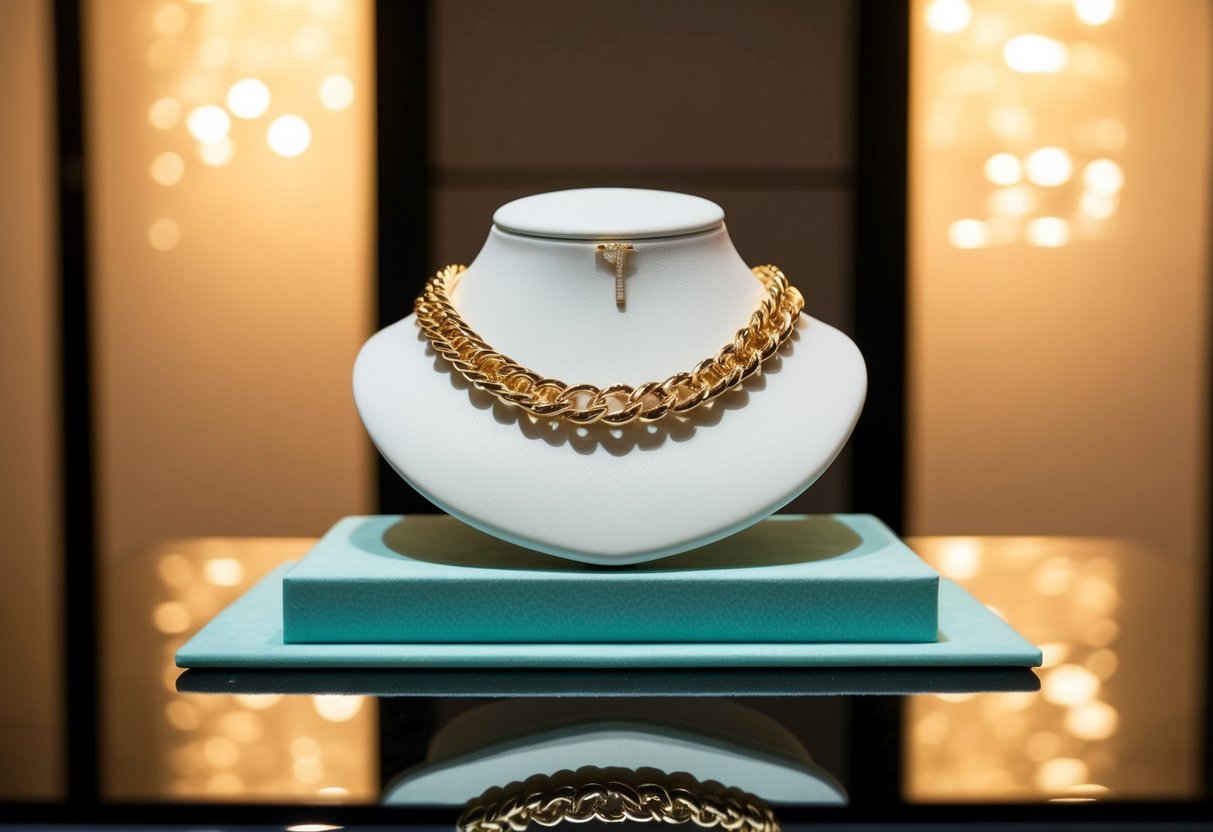 A luxurious Tiffany HardWear Link Necklace displayed on a sleek pedestal under soft, warm lighting