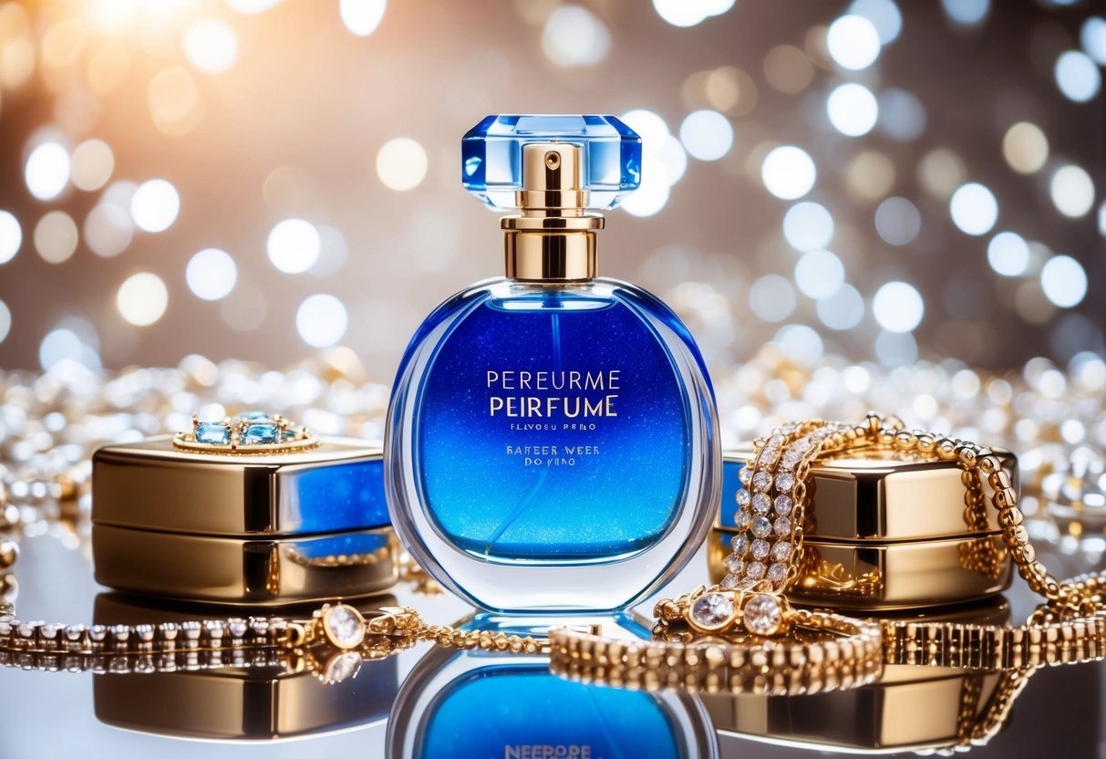 A sparkling blue perfume bottle surrounded by elegant jewelry and luxurious packaging