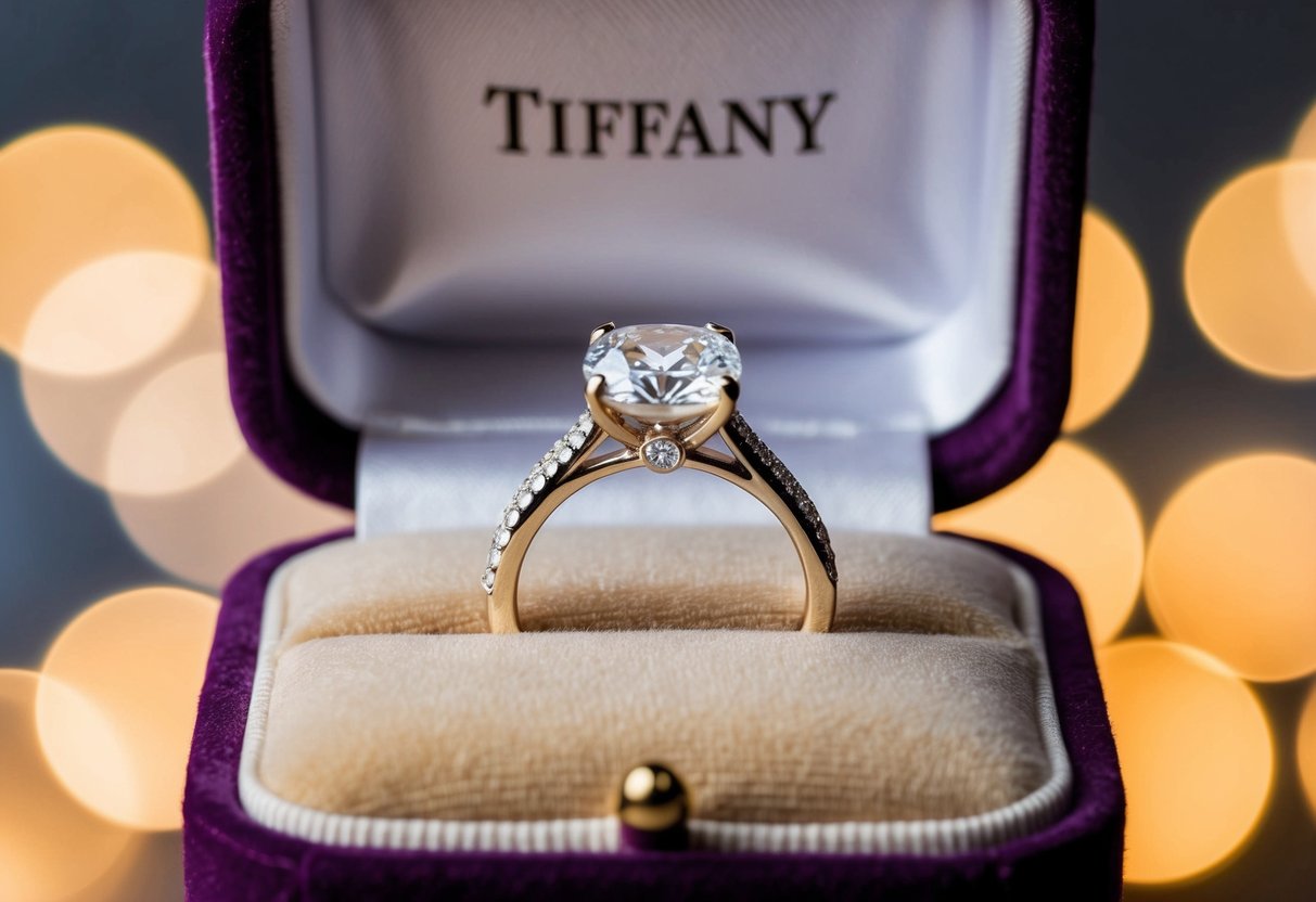 A sparkling Tiffany True engagement ring displayed on a velvet cushion under soft, warm lighting