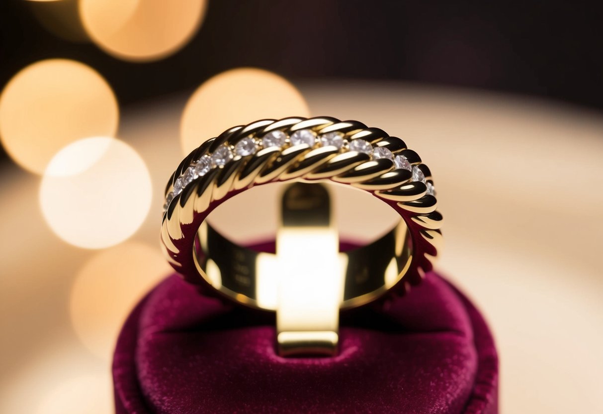 A sparkling Schlumberger® Rope Ring displayed on a luxurious velvet cushion under soft, warm lighting