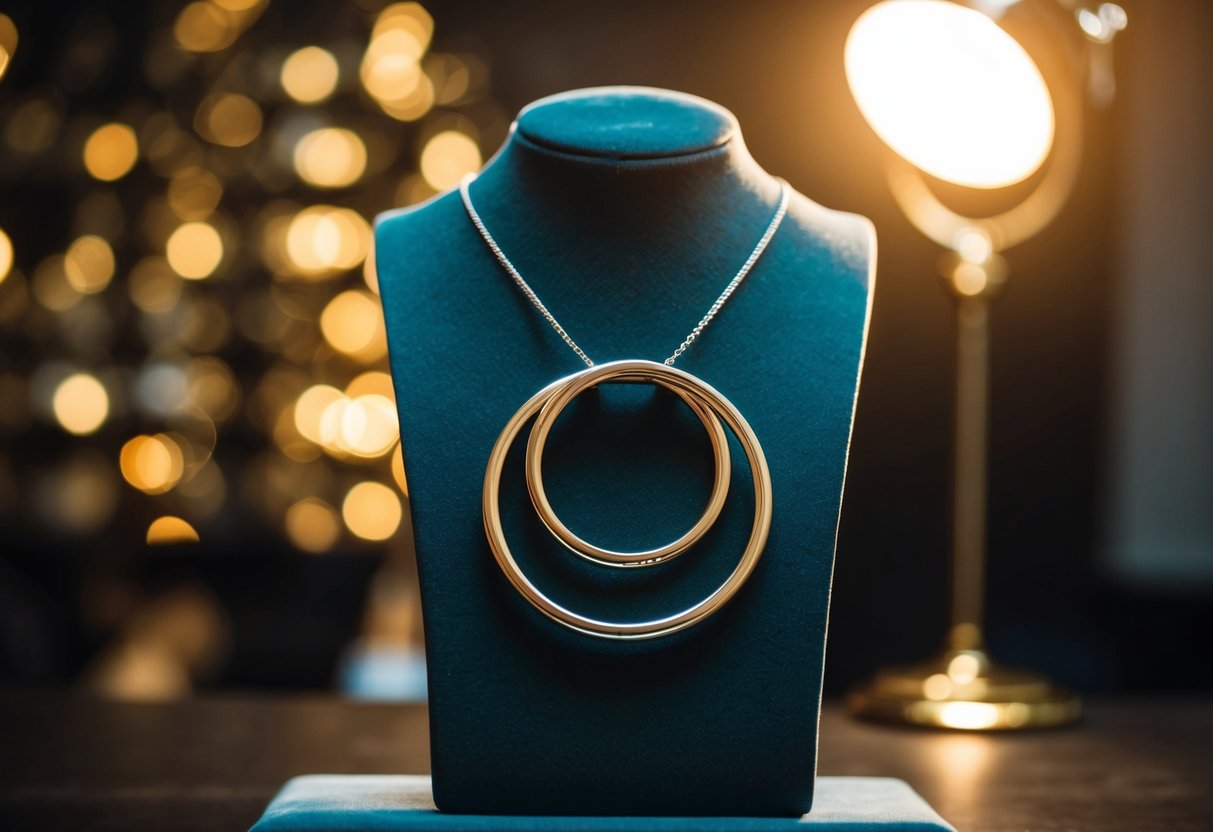 Two interlocking circles pendant displayed on a velvet jewelry stand under soft spotlight