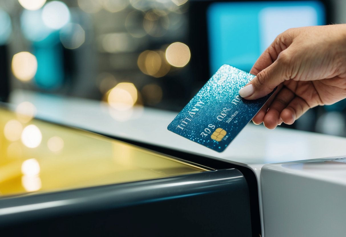 A sparkling Tiffany credit card being swiped at a checkout counter