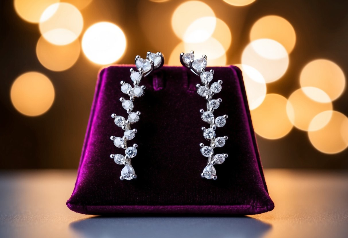 A pair of diamond vine earrings displayed on a velvet cushion under soft, warm lighting