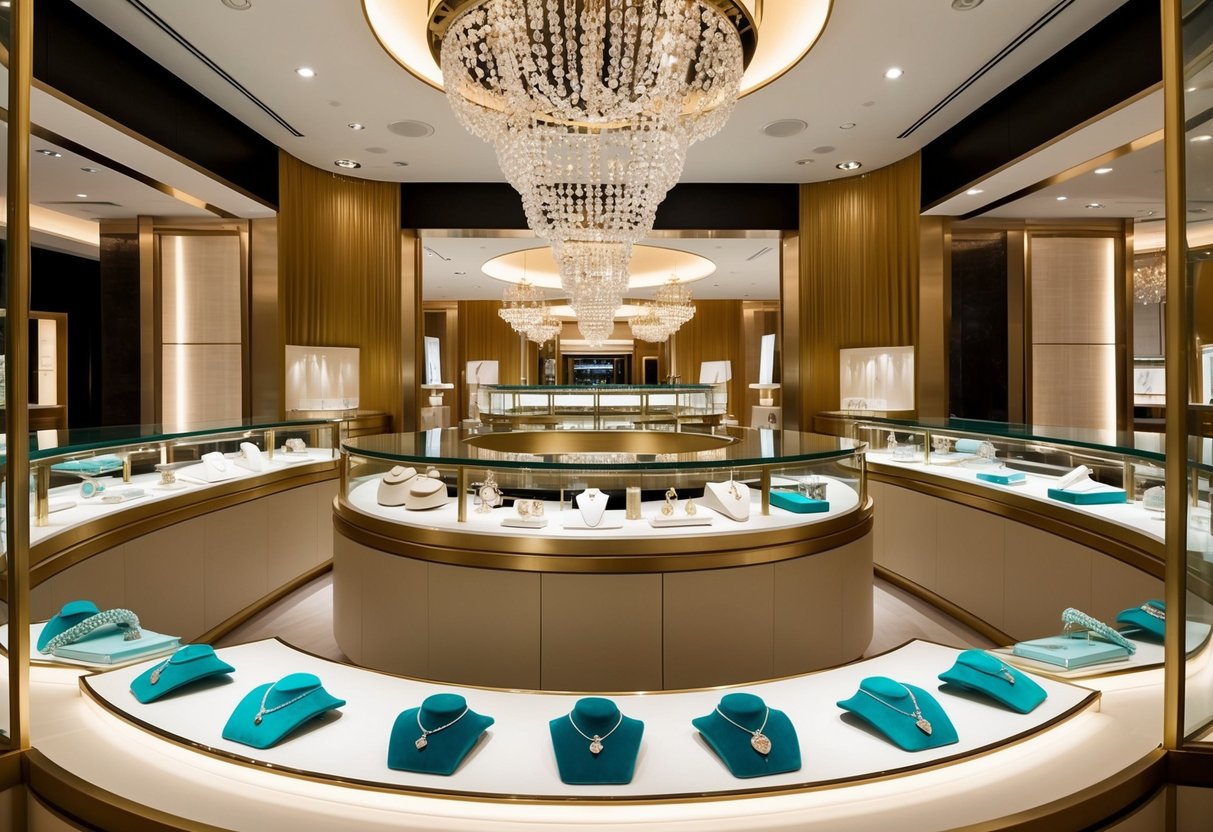 A grand display of Tiffany & Co. jewelry and accessories, with elegant lighting and luxurious decor