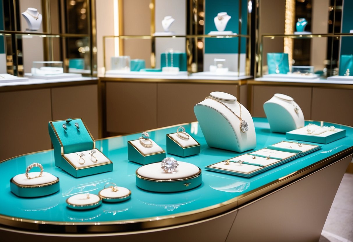 A sparkling display of jewelry and luxury items from Tiffany & Co. on a sleek, modern display table in a high-end retail setting