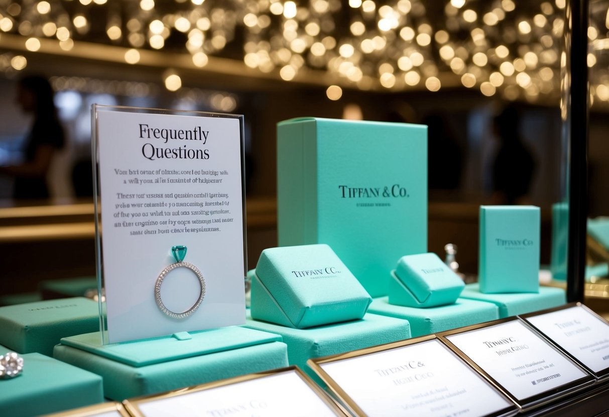 A display of Tiffany & Co. promotional materials with a "Frequently Asked Questions" section. Sparkling jewelry and elegant packaging are featured