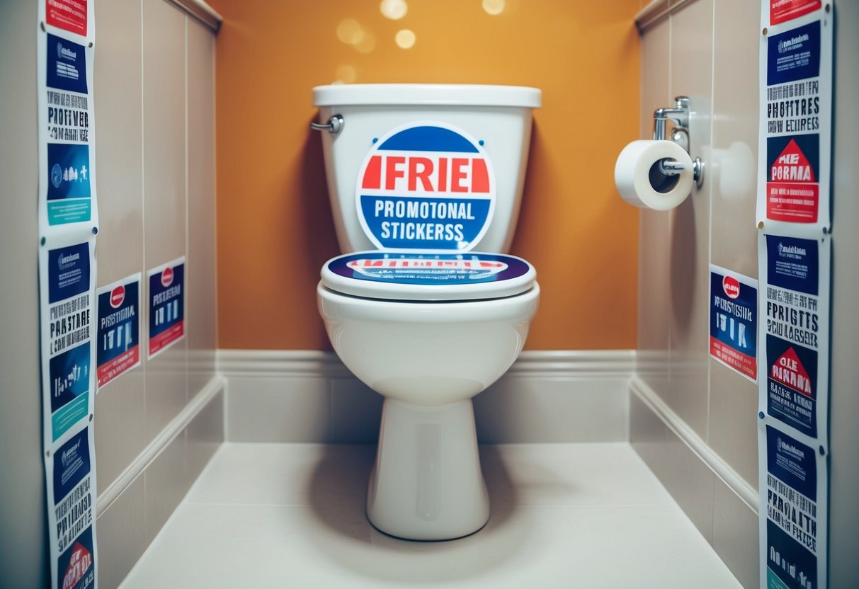 A toilet bowl with promotional stickers and banners surrounding it