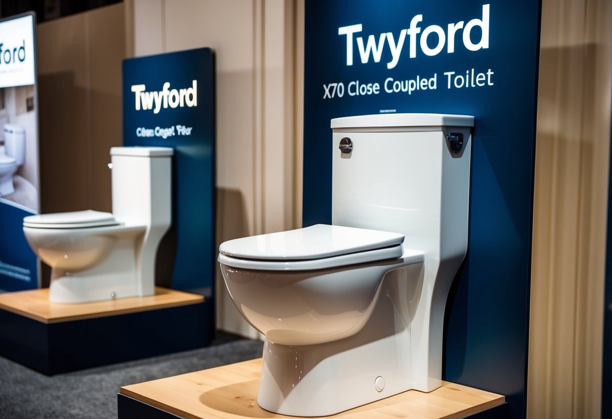 A sleek Twyford X70 Close Coupled Toilet on display with promotional signage