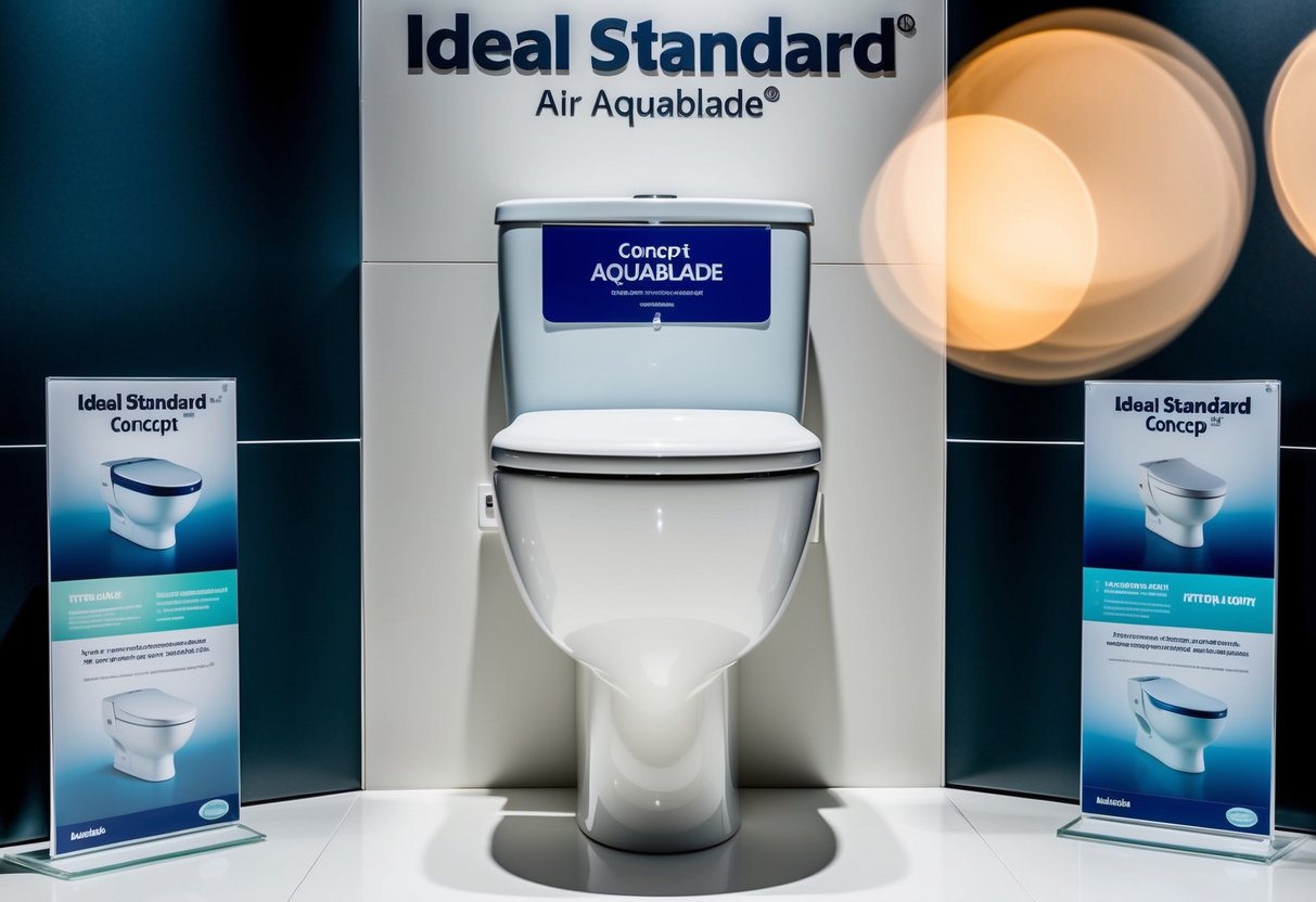 A sleek, modern bathroom with the Ideal Standard Concept Air Aquablade toilet bowl as the focal point. The toilet is surrounded by promotional materials and displays