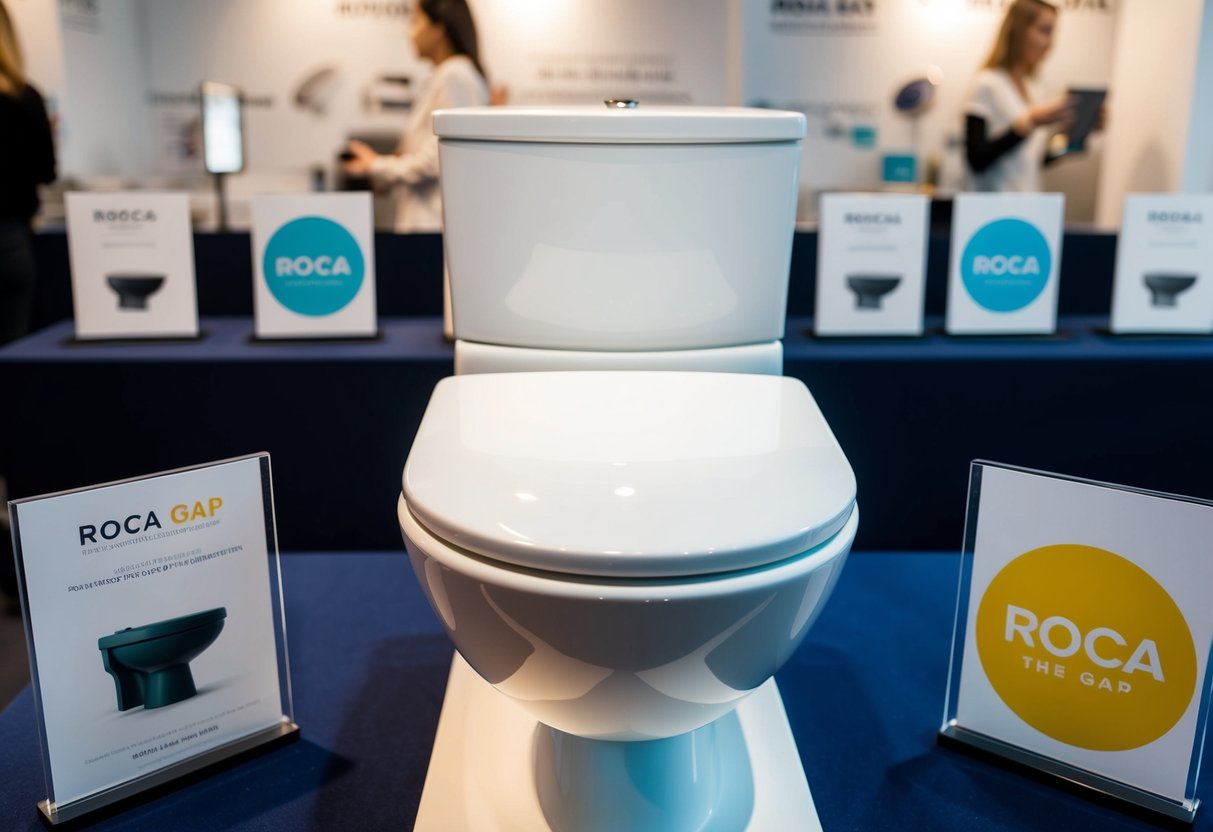 A sleek, modern toilet bowl with a rimless design sits prominently on display, surrounded by promotional materials for Roca The Gap