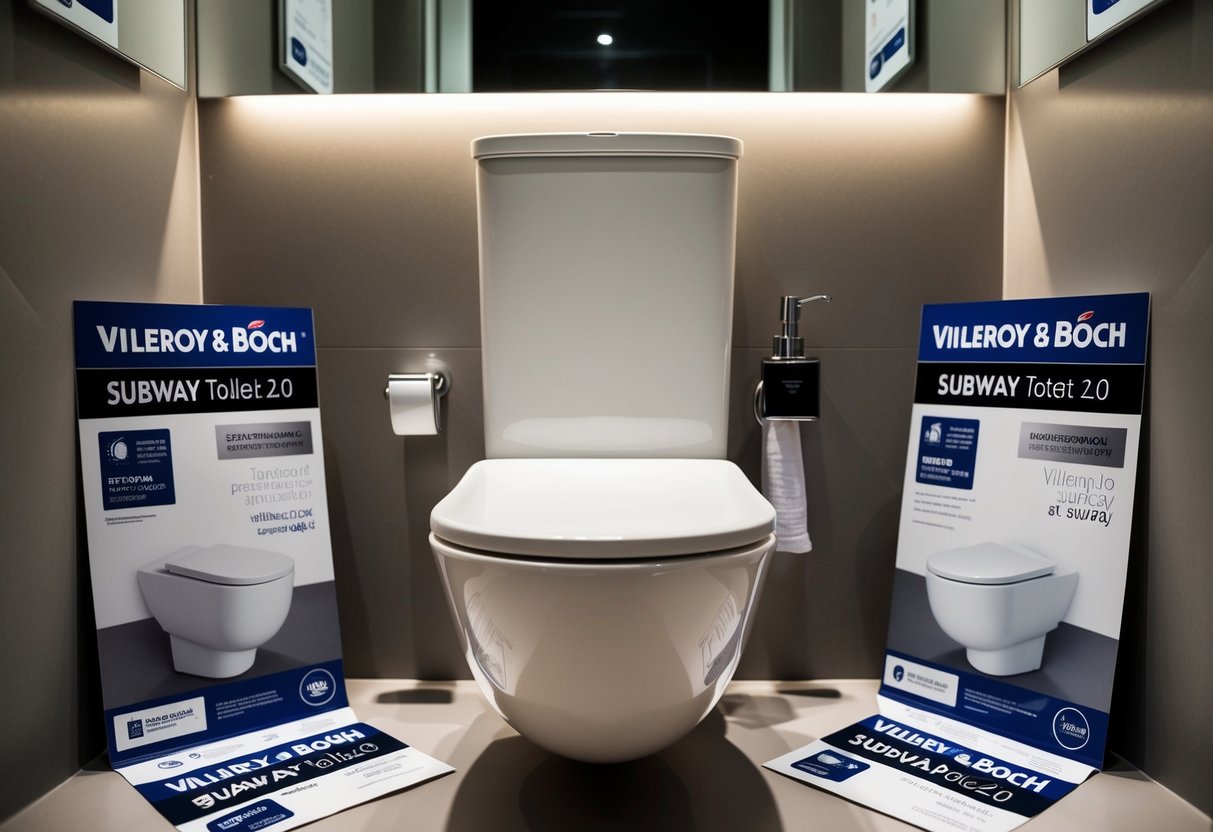 A modern bathroom with a sleek Villeroy & Boch Subway 2.0 toilet bowl as the focal point, surrounded by promotional materials