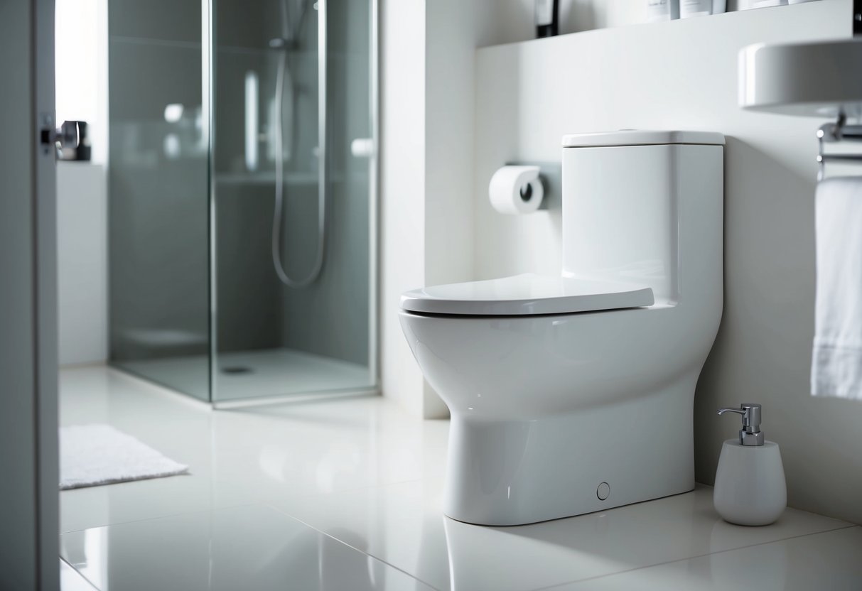 A sleek, modern toilet bowl sits in a well-lit bathroom, surrounded by clean, minimalist decor