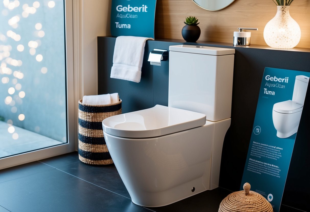 A modern bathroom with a sleek Geberit AquaClean Tuma toilet bowl as the focal point, surrounded by promotional materials and decor
