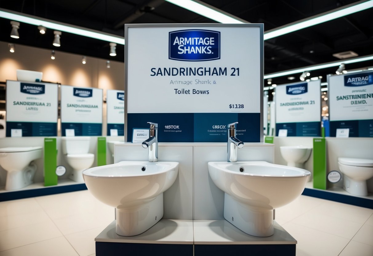 A display of Armitage Shanks Sandringham 21 toilet bowls in a brightly lit showroom with promotional signage and pricing information