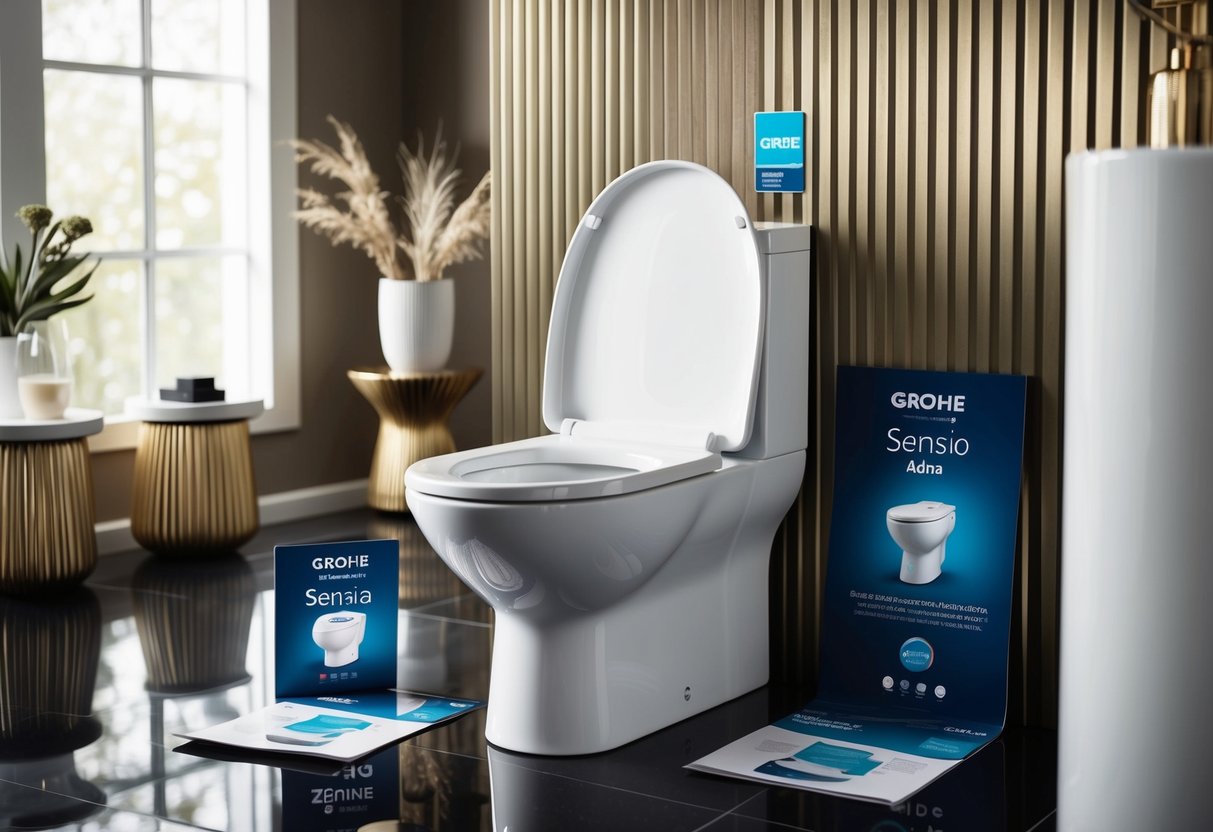 A luxurious bathroom setting with a modern Grohe Sensia Arena toilet bowl as the focal point, surrounded by promotional materials and elegant decor