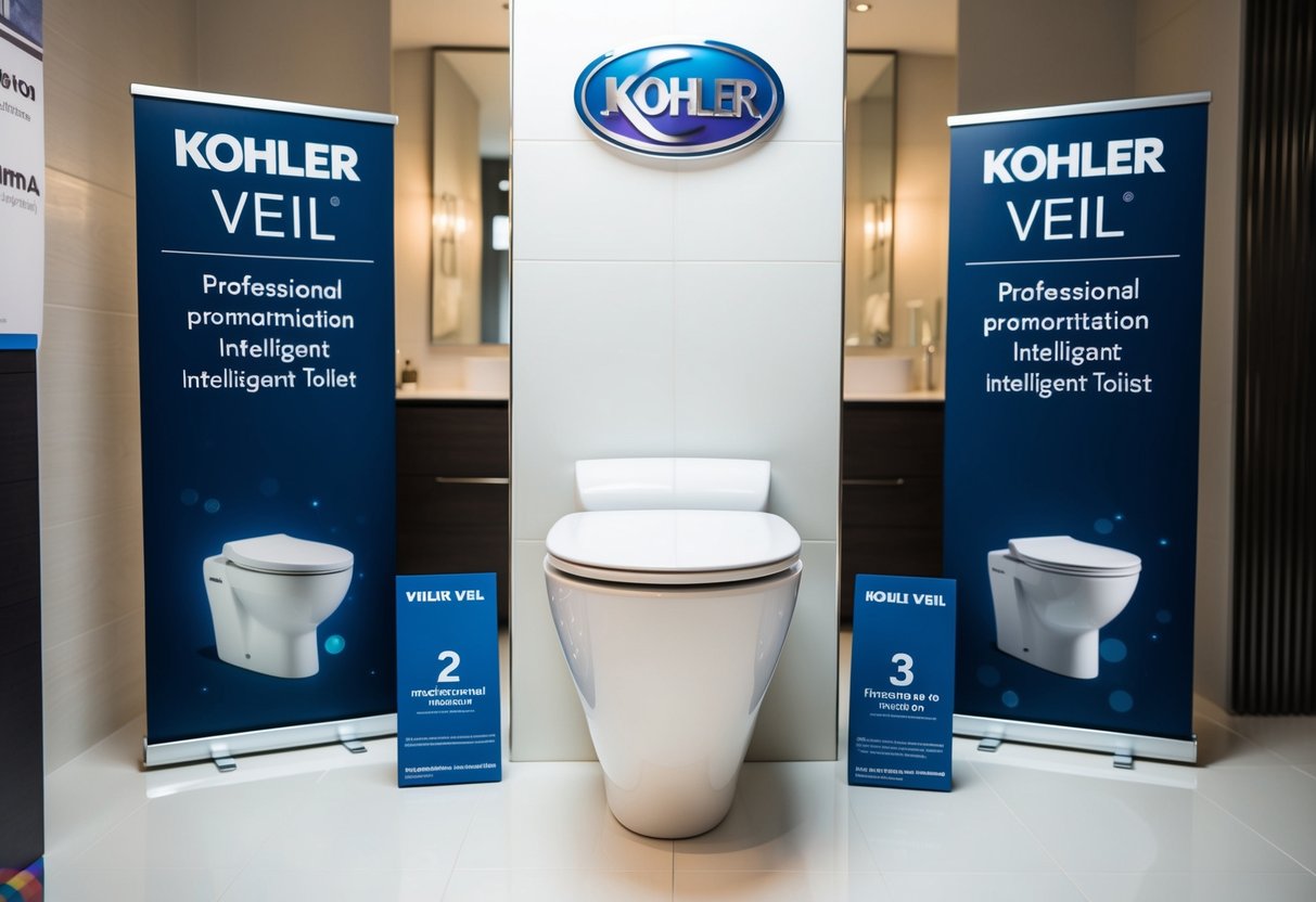 A sleek Kohler Veil Intelligent Toilet sits in a modern bathroom, surrounded by promotional banners and signs