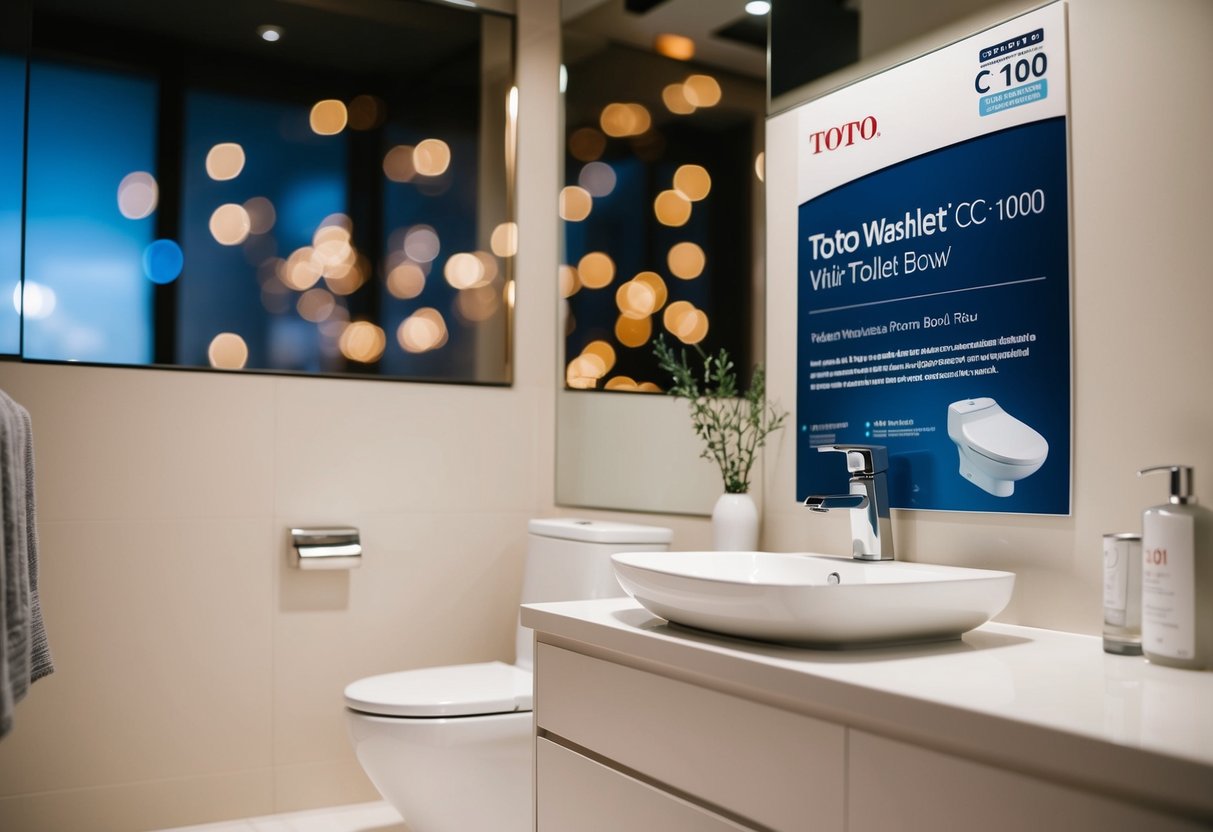 A modern bathroom with TOTO Washlet C100 toilet bowl and promotional signage