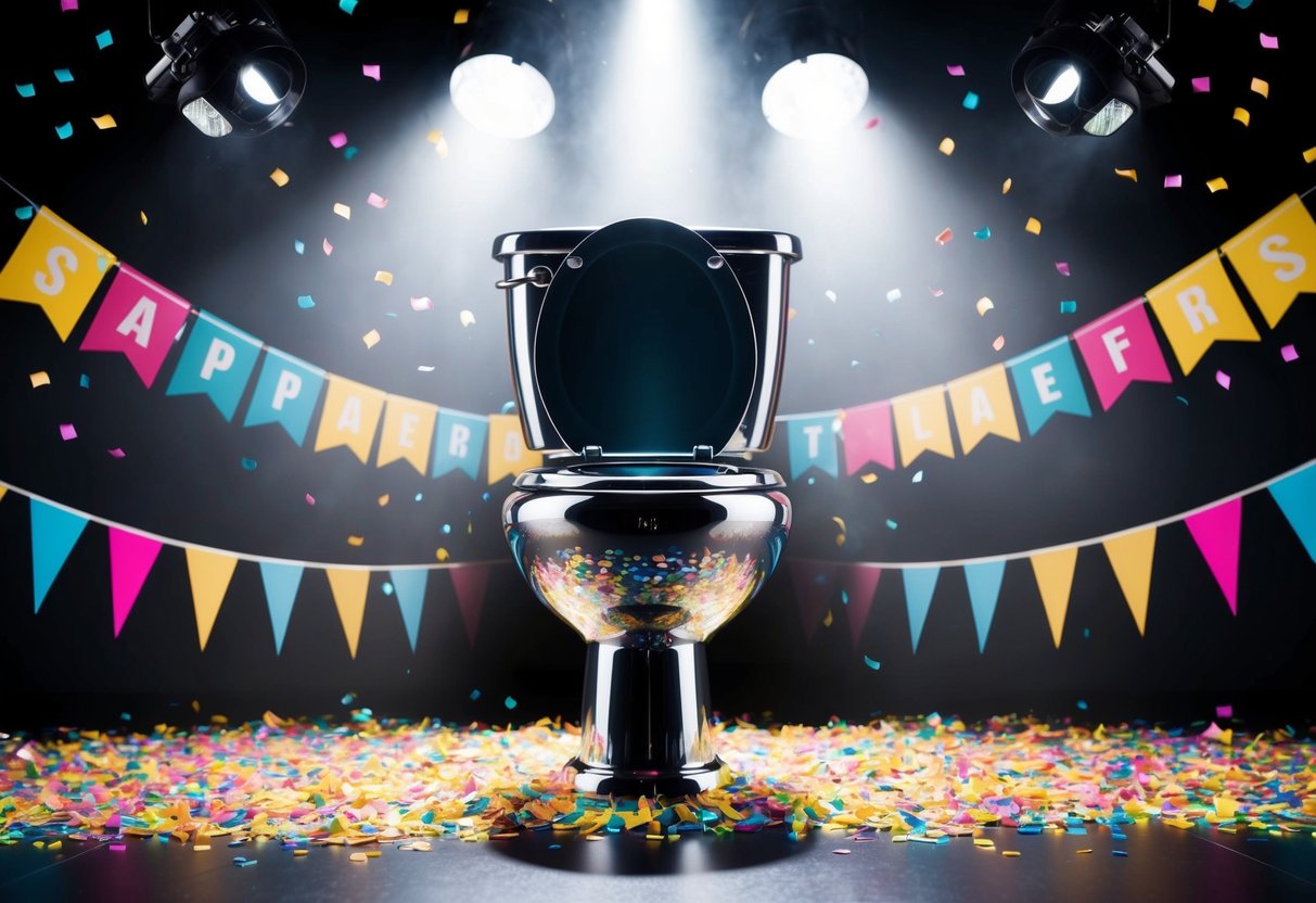 A sparkling toilet bowl sits center stage, surrounded by colorful banners and confetti, while a spotlight shines down from above