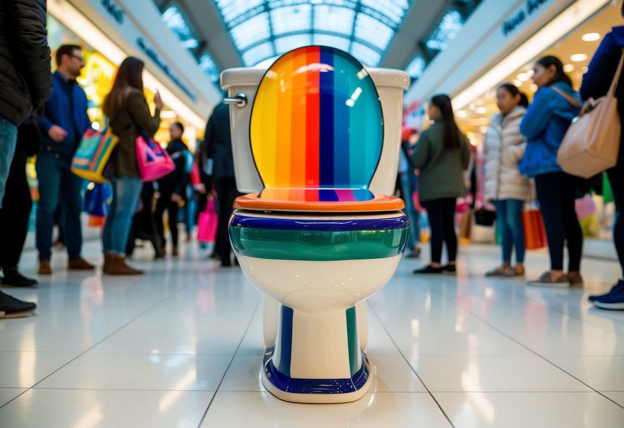 A toilet bowl with a colorful, eye-catching design sits in the center of a busy shopping mall, surrounded by curious onlookers