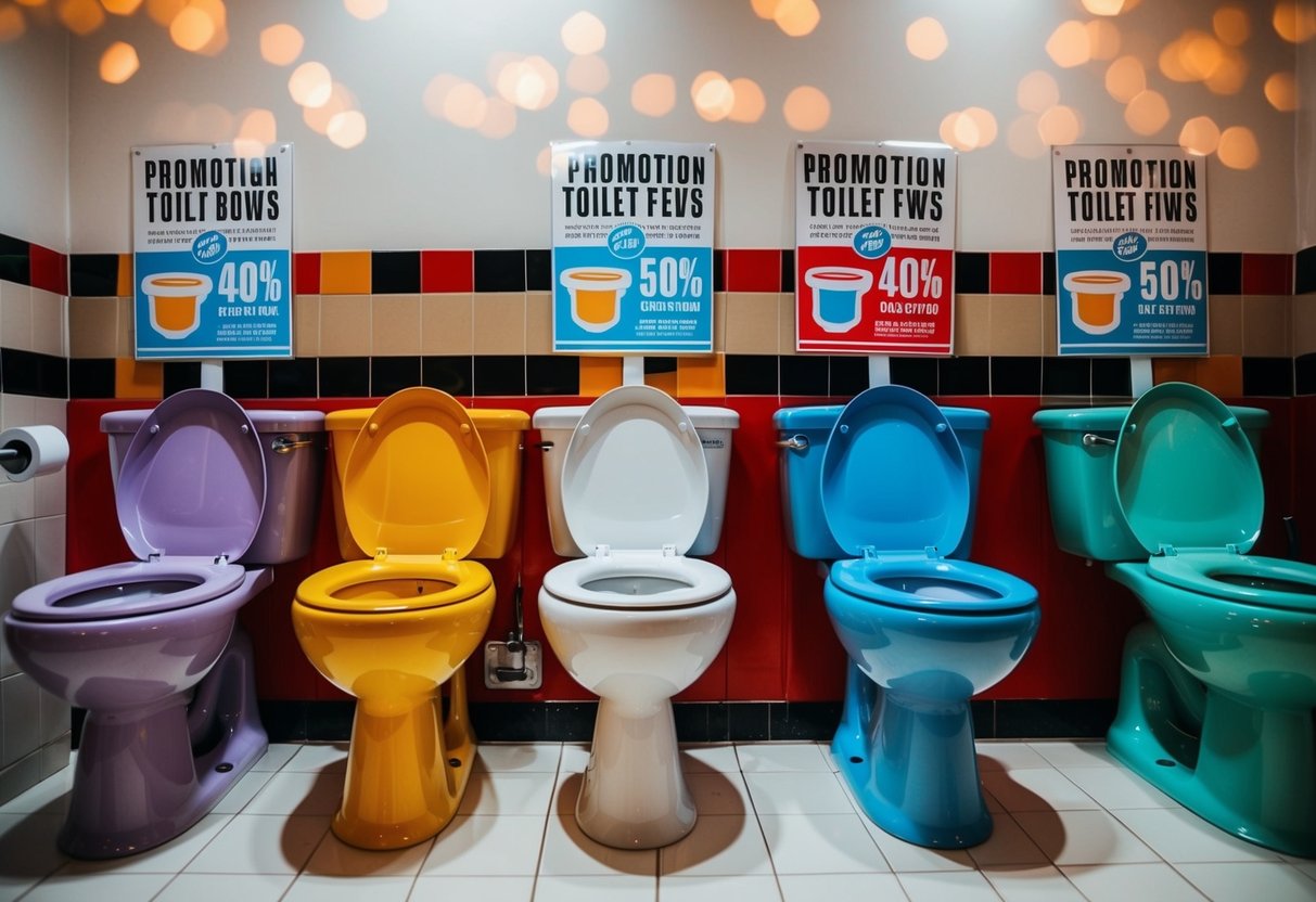 A row of colorful toilet bowls with promotional signs above them